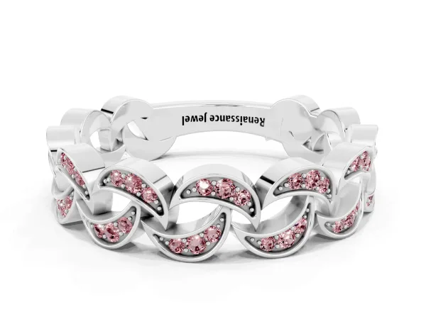 Pavé Round Morganite Interlocking Eternity Band with Bezel Prong Setting White gold