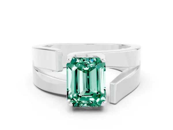 Modern Tension Set Emerald Cut Green Sapphire Solitaire Wide Band Ring Platinum