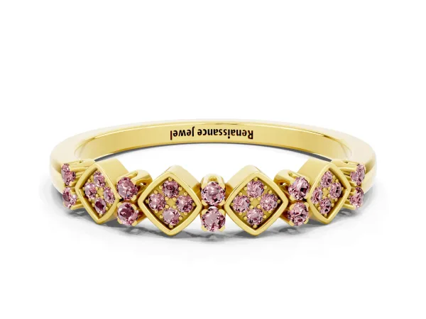 Pavé Cushion Morganite Cluster Eternity Band with Prong Setting Yellow gold