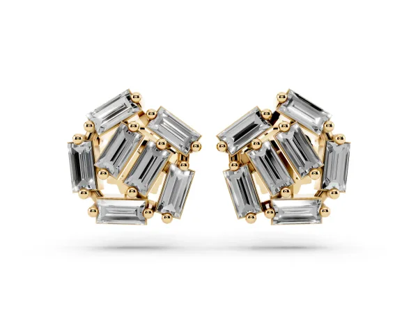 Baguette Diamond Cluster Stud Earrings Yellow gold