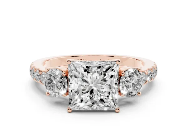 Princess Cut Cut Diamond Three-Stone Ring with Round Side Stones and Pavé Band Rose gold