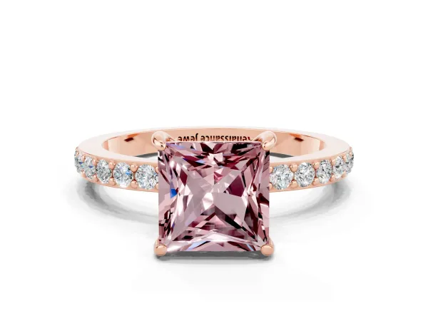 Princess Cut Morganite Solitaire Engagement Ring with Pavé Band and Four-Prong Setting Rose gold