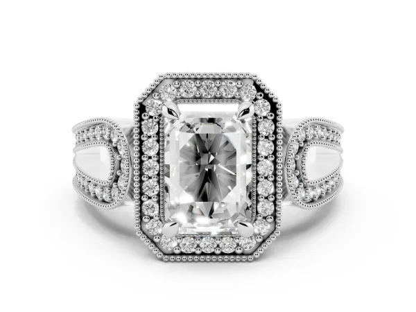 Emerald Cut Halo Split Shank Milgrain Diamond Ring White gold