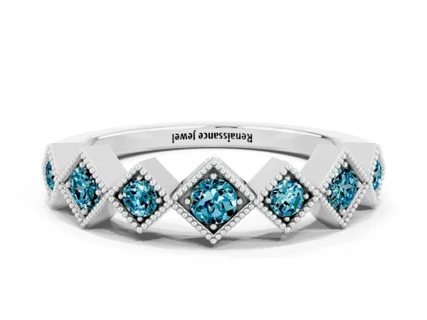Milgrain Square Bezel Round Blue Topaz Chevron Band Platinum
