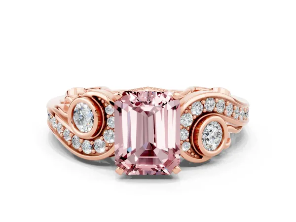 Emerald Cut Morganite Solitaire Ring with Milgrain Pavé Band and Four-Prong Setting Rose gold