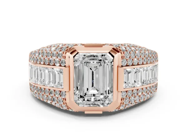 Emerald Cut Diamond Mens Ring with Side Stones Rose gold