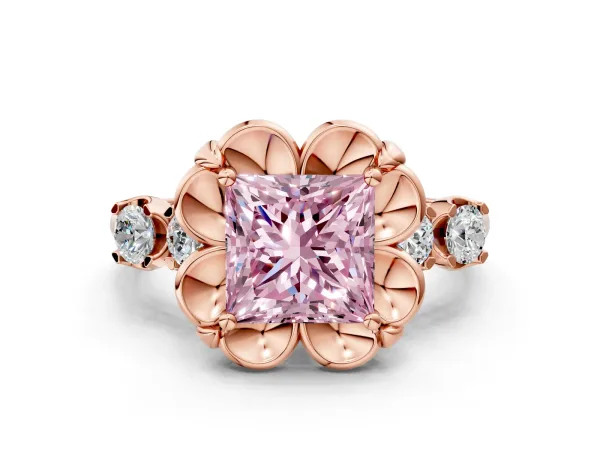 Fancy Pink Princess Cut Cut Diamond Floral Halo Engagement Ring with Shared Prong Setting Rose gold