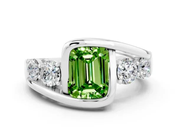 Bezel Set Emerald Cut Peridot Bypass Ring with Round Accents Platinum