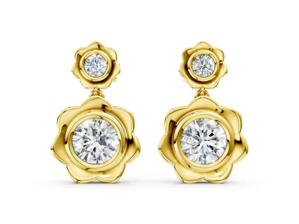 Round Diamond Flower Drop Earrings with Lab Diamond Accents Yellow gold