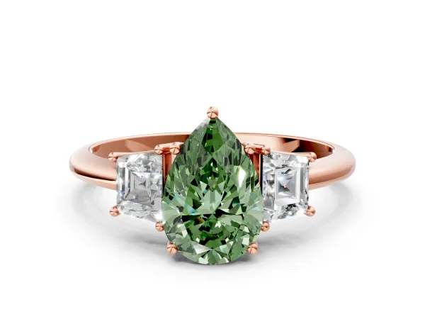 Fancy Green Pear Cut Diamond Three-Stone Ring with Trapezoid Side Stones and Prong Setting Rose gold