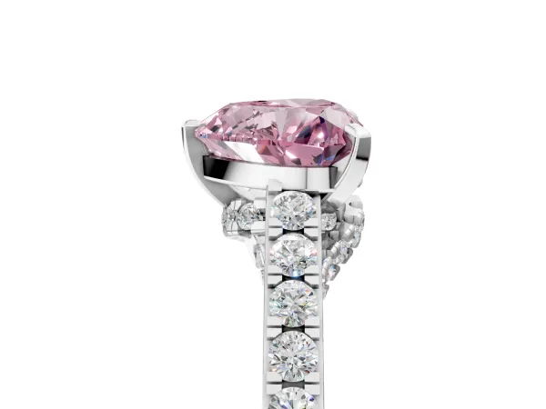 Fancy Pink Heart Cut Diamond Solitaire Ring with Crossover Gallery and Round Pavé Band Silver