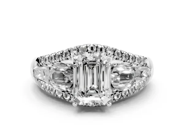 Three-Stone Emerald Cut Diamond Engagement Ring with Pave Band and Prong Setting White gold