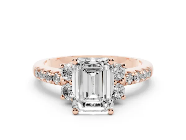 Emerald Cut Diamond Three-Stone Pave Band with Four-Prong Setting Rose gold