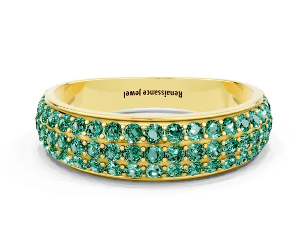 Three-Row Round Green Sapphire Eternity Band with Shared Prong Setting Yellow gold