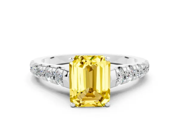 Emerald Cut Yellow Sapphire Cathedral Solitaire Ring with Round Pavé Band White gold