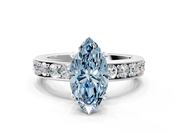 Fancy Blue Marquise Cut Diamond Engagement Ring with Channel Set Round Band and Prong Setting White gold