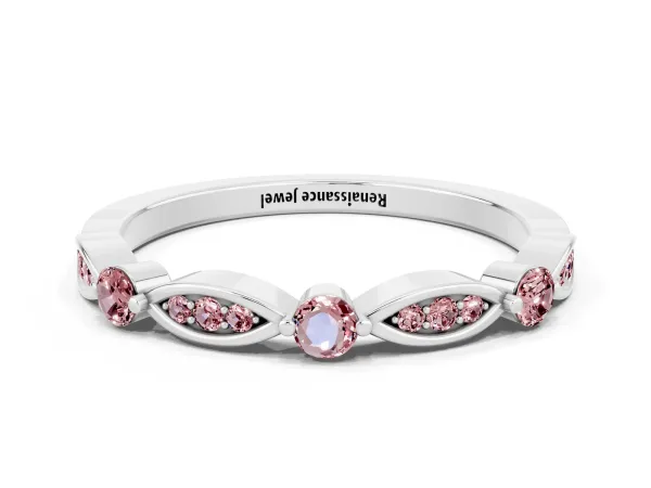 Marquise and Round Morganite Milgrain Band with Bezel Setting Platinum