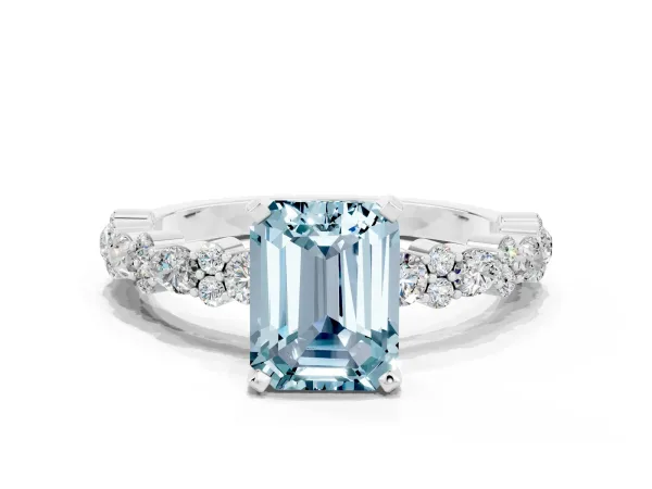 Emerald Cut Aquamarine Side Stone Solitaire Ring with Round and Four-Prong Setting White gold