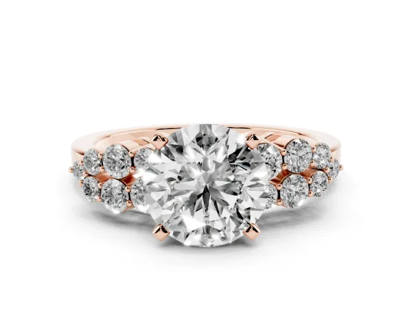 Round Cut Cluster Diamond Engagement Ring with Pavé Band and Four-Prong Setting Rose gold