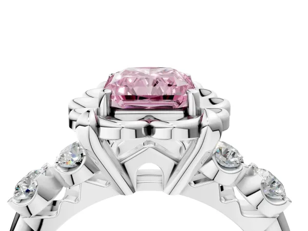 Fancy Pink Radiant Cut Cut Diamond Floral Halo Engagement Ring with Shared Prong Setting Platinum