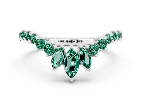Chevron Marquise and Round Green Sapphire Open Band with Prong Setting Platinum