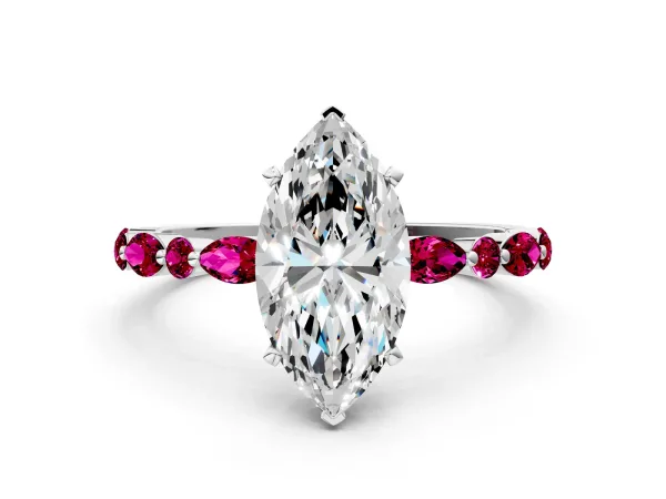 Marquise Cut Diamond Ring with Marquise and Round Garnet Side Stones and Four-Prong Setting White gold