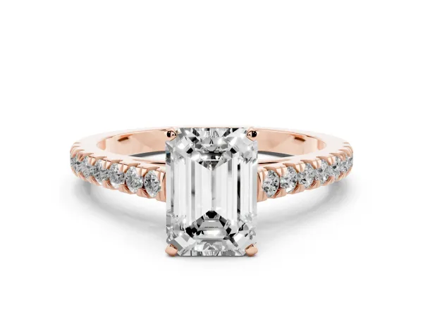 Emerald Cut Cut Solitaire Diamond Ring with Pave Band and Four-Prong Setting Rose gold