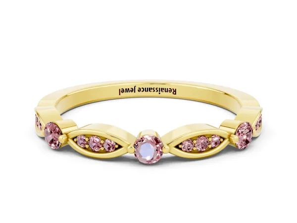 Marquise and Round Morganite Milgrain Band with Bezel Setting Yellow gold