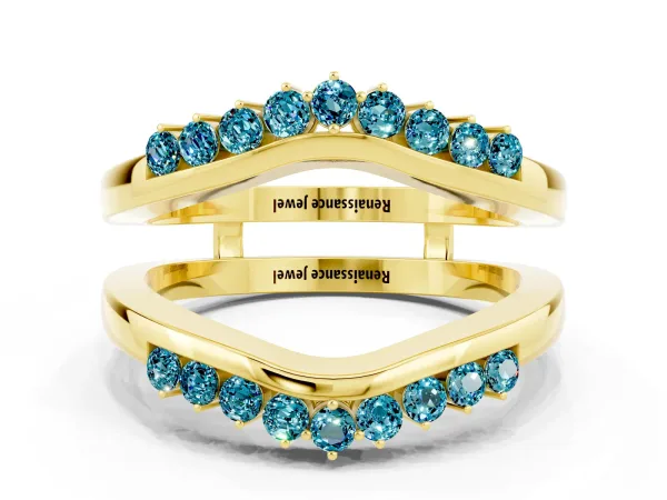 Round Blue Topaz Chevron Contour Band with Prong Setting Yellow gold
