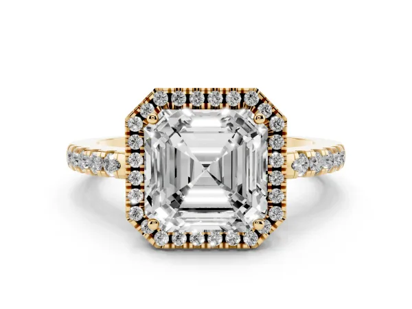 Asscher Cut Halo Diamond Engagement Ring with Pavé Band and Four-Prong Setting Yellow gold