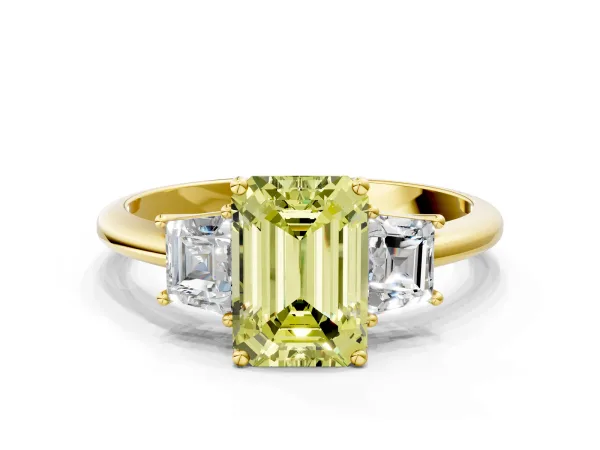 Fancy Yellow Emerald Cut Diamond Three-Stone Ring with Trapezoid Side Stones and Prong Setting Yellow gold