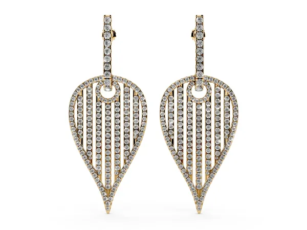 Round Diamond Striped Teardrop Statement Drop Earrings Yellow gold