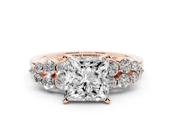 Princess Cut Cluster Diamond Engagement Ring with Pavé Band and Four-Prong Setting Rose gold