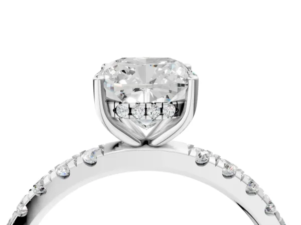 Cushion Cut Diamond Pave Band Solitaire Ring with Round Moissanite and Prong Setting Platinum