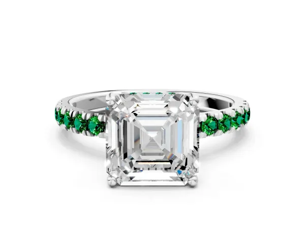 Asscher Cut Diamond Pave Band Solitaire Ring with Round Emerald and Prong Setting Platinum