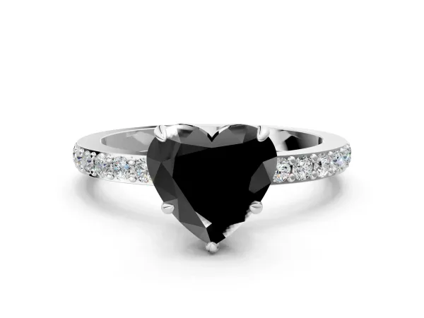 Fancy Black Heart Cut Diamond Solitaire Engagement Ring with Pavé Band and Four-Prong Setting Platinum