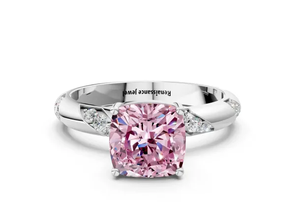 Fancy Pink Cushion Cut Diamond Solitaire Engagement Ring with Twisted Round Accent Band and Prong Setting Platinum