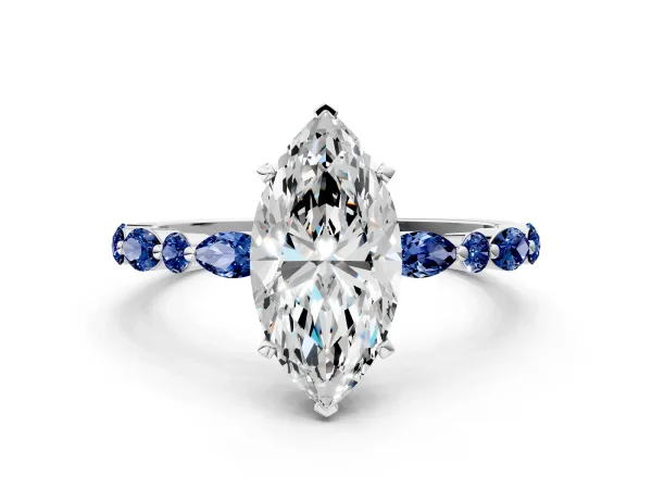 Marquise Cut Diamond Ring with Marquise and Round Blue Sapphire Side Stones and Four-Prong Setting White gold