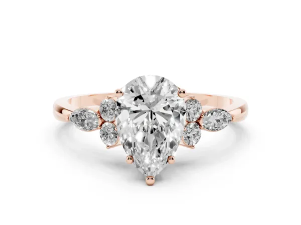 Pear Cut Brilliant Diamond Solitaire Ring with Pear Side Stones and Four-Prong Setting Rose gold