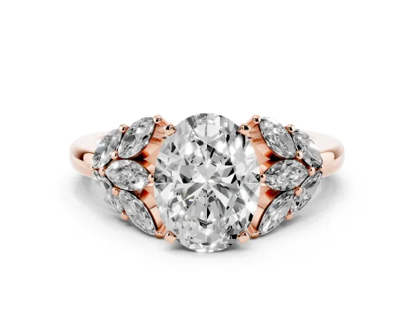 Oval Cut Diamond Cluster Leaf Design Ring with Prong Setting Rose gold