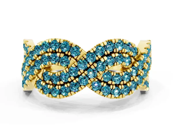 Pavé Round Blue Topaz Infinity Twist Band with Shared Prong Setting Yellow gold