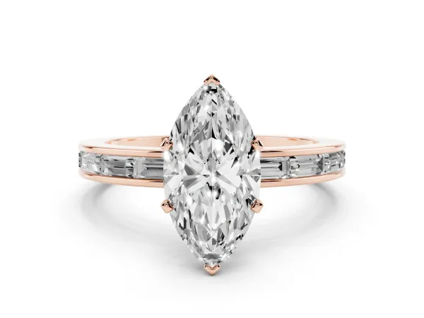 Marquise Cut Solitaire Diamond Ring with Channel-Set Baguette Band and Four-Prong Setting Rose gold