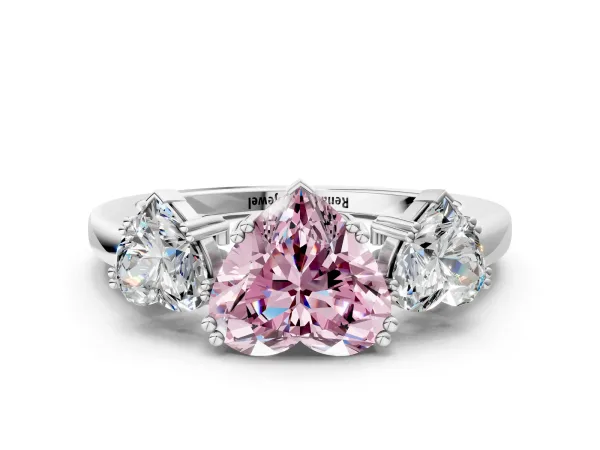 Fancy Pink Three-Stone Heart Cut Cut Diamond Ring with Channel Set Band and Four-Prong Setting White gold