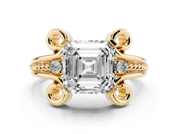 Asscher Cut Solitaire Twisted Band Scroll Prong Ring Yellow gold