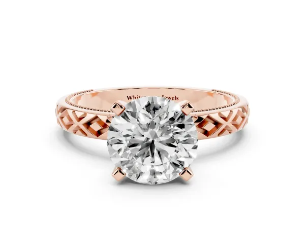 Round Cut Solitaire Diamond Ring with Milgrain and Black Enamel X Pattern Band Rose gold
