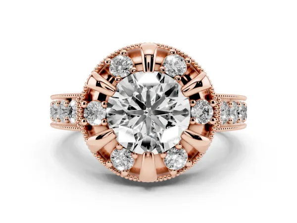 Round Cut Halo Diamond Engagement Ring with Pave Band and Claw Prong Setting Rose gold