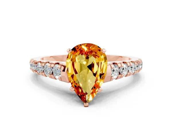 Pear Cut Citrine Cathedral Solitaire Ring with Round Pavé Band Rose gold
