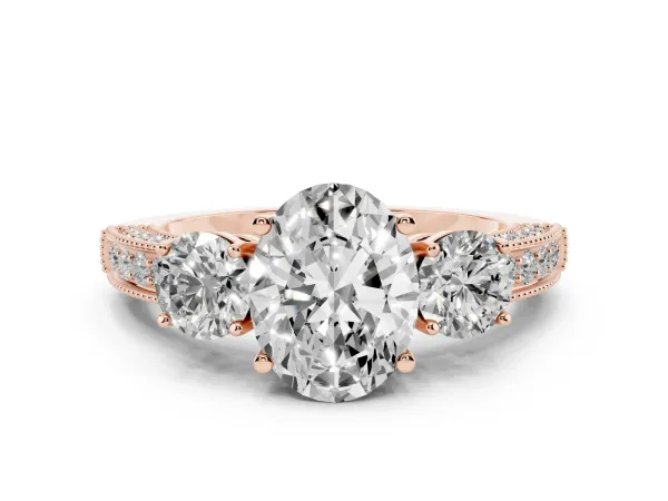 Oval Cut Three-Stone Diamond Ring with Pavé Band and Four-Prong Setting Rose gold