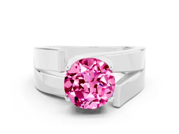 Modern Tension Set Round Cut Pink Sapphire Solitaire Wide Band Ring Platinum