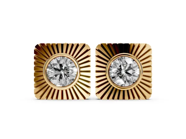 Round Diamond Sunburst Square Stud Earrings Yellow gold